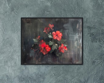 Puede incluir: Una pintura enmarcada de flores rojas con hojas verdes sobre un fondo oscuro.