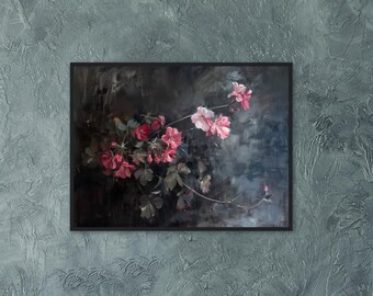 Puede incluir: Una pintura enmarcada de flores rosas con hojas verdes sobre un fondo azul oscuro.