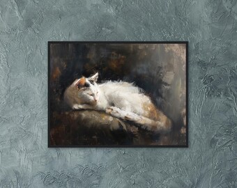 Moody Cat Oil Painting With Gold Frame, Baroque Sleepy Cat Art Print, Large Canvas Wall Art, Cat Vintage Artwork Ornate Gold Frame Decor