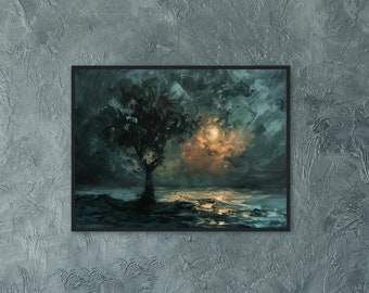 Donkere nachtelijke hemel Art Print, humeurige landschap print, humeurige wolken kunst aan de muur, 18x24 canvas muur hangin, mist bomen muur decor, donker hout ingelijste kunst