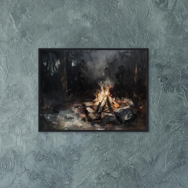 Framed Vintage Campfire Print, Dark Night Sky Art Print, Moody Fire Artwork With Ornate Gold Frame, Campfire Painting Canvas, Moody Wall Art