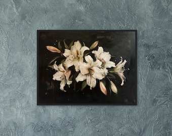 May include: A framed painting of white lilies on a black background. The lilies are arranged in a bouquet and have a soft, delicate appearance.