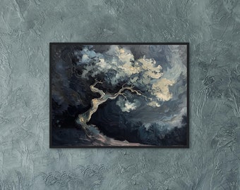 Dark Moody Tree Art Print, Moody Landscape Print, Moody Clouds Wall Art, 18x24 Canvas, psychedelische wanddecoratie, donker hout ingelijste kunst