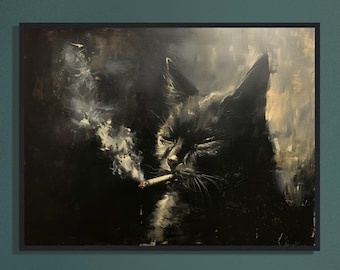 Peinture à l&#39;huile de chat fumeur (impression encadrée ou toile non encadrée), oeuvre d&#39;art de chat kitsch de mauvaise humeur, cadeaux étranges de chat noir, impression d&#39;art abstrait de chat