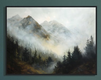 Dark Foggy Mountains Art Print, humeurige landschapsprint, humeurige wolken muurkunst, grote canvas muurkunst, grasland bomen en wolken muur decor