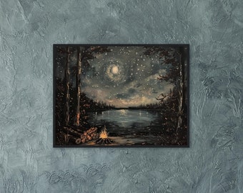 May include: A painting of a starry night scene with a lake, trees, and a campfire in the foreground. The moon is visible in the sky.