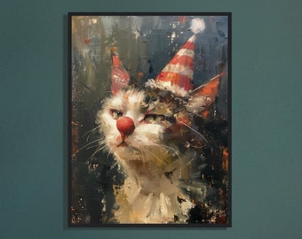 Stimmungsvolle Clown Katze Ölgemälde (gerahmter Druck oder ungerahmt Leinwand), Clown Katze Druck, trauriger Clown Kunst, Spaßvogel Kitty Kunst, nettes Clowncore Dekor Geschenk