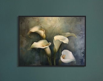 Peinture de lys calla de mauvaise humeur, impression d&#39;art vintage de mauvaise humeur, décoration de mauvaise humeur sombre, art de la nature de mauvaise humeur, grande toile d&#39;art mural de mauvaise humeur, fleurs de lys d&#39;arum