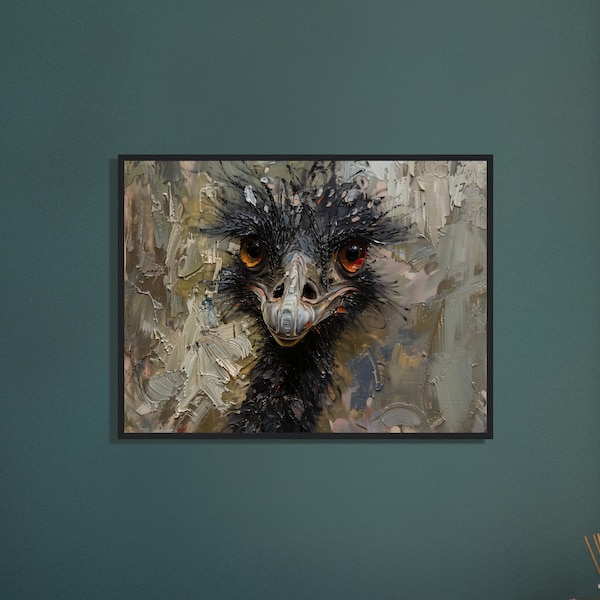 Moody Emu Painting, Emu Art Print Framed, Moody Ostrich Artwork Print, Vintage Artwork Gold Frame, Large Canvas Wall Art, Moody Nature Art