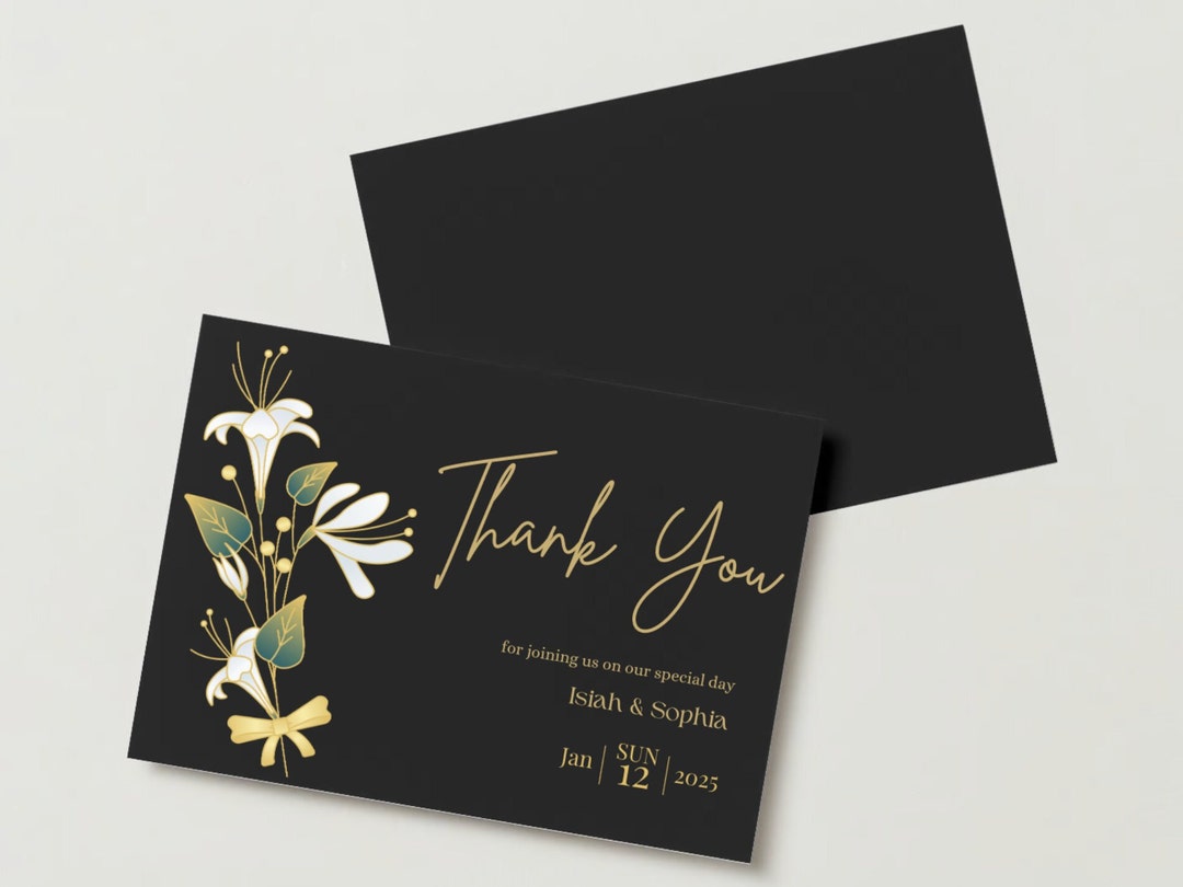 Horizontal Single-sided Thank You Card Template With A Unique Black, White, and Gold Floral ...