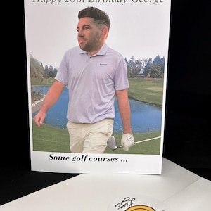 Persönliche Golf Foto Geburtstagskarte. Individuell an dein Geburtstagskind. Einzigartige handgemachte lustige Golfspieler Karte. Persönliches Golfgeschenk für Mann oder Mädchen.