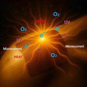 May include: An abstract illustration featuring a central, glowing orange square with radiating energy lines. Text labels include "HEAT," "O2," "UV," "IR," and "Microcurrent." The background is a gradient of orange and brown.