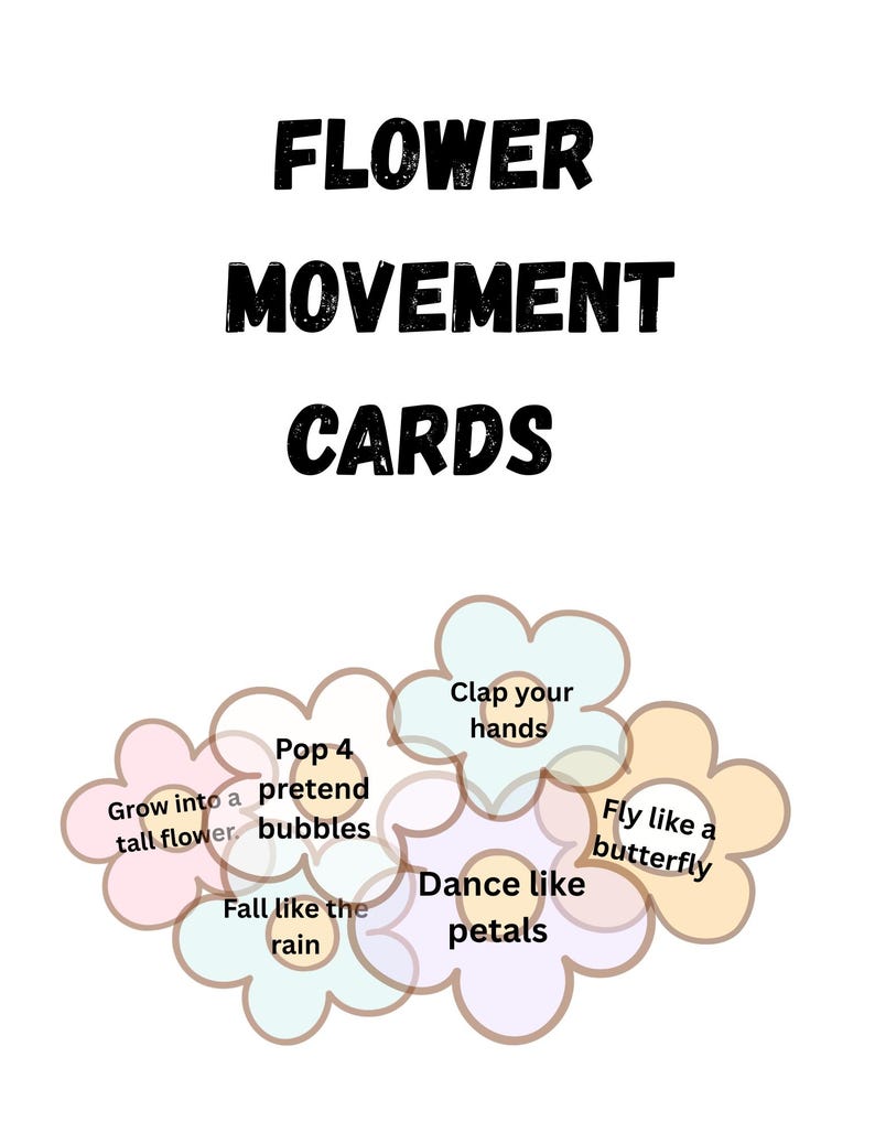 K&ouml;nnte beinhalten: Wei&szlig;e Karte mit dem Text "FLOWER MOVEMENT CARDS" in Schwarz. Darunter bl&uuml;tenf&ouml;rmige Karten mit Bewegungsanweisungen: "Clap your hands", "Fly like a butterfly", "Dance like petals", "Fall like the rain", "Pop 4 pretend bubbles" und "Grow into a tall flower".