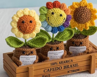 SPEDIZIONE GRATUITA Pianta di supporto emotivo personalizzata realizzata all'uncinetto, simpatico regalo di girasole amigurumi, decorazione positiva per la scrivania, stimolatore dell'umore fatto a mano
