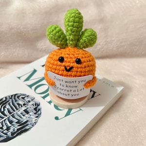 Puede incluir: Una zanahoria naranja tejida a ganchillo con hojas verdes, ojos negros y una cara sonriente. La zanahoria sostiene un letrero que dice: "Just want you to know. I carrot a Lot about you."