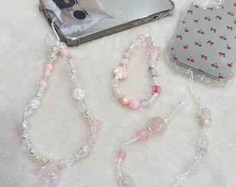 Lindo colgante para teléfono con forma de conejito de estrella rosa hecho a mano, colgante para bolso, cordón para muñeca, llavero con cadena de cristal para teléfono, colgante de perla acrílica, regalo para ella