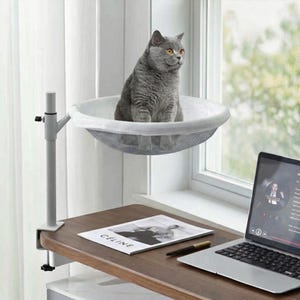 Adjustable Desk Cat Bed, Catnip Pillow Included, 360 Degree Rotating Cat Hammock, Space Saving Cat Perch, Cozy Winter & Mesh Summer Cover
