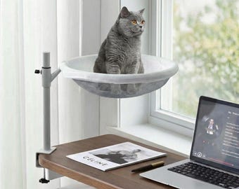 Adjustable Desk Cat Bed, Catnip Pillow Included, 360 Degree Rotating Cat Hammock, Space Saving Cat Perch, Cozy Winter & Mesh Summer Cover