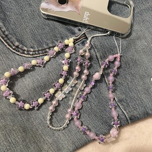 Handgemachte lila Stern Blume Perle Schmetterling Handyanhänger Kawaii Taschenanhänger Handgelenk Schlaufe Telefonschnur Herzanhänger Geburtstagsgeschenk für sie