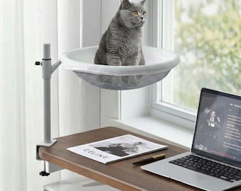 Adjustable Desk Cat Bed, Catnip Pillow Included, 360 Degree Rotating Cat Hammock, Space Saving Cat Perch, Cozy Winter & Mesh Summer Cover