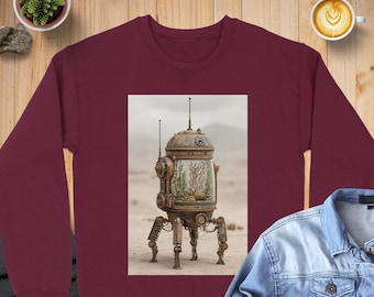 Sci-Fi Robot Sweatshirt: Retro Art, Gildan 18000, Vintage Futurism, Water Tank, AI Design