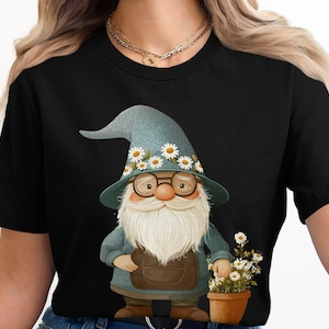 Daisy Gnome T-Shirt, Cute Gardener Gnome Shirt, Spring Garden Gnome Tee, Floral Hat Gnome Shirt, Whimsical Gnome Gift, Gnome Lover Shirt