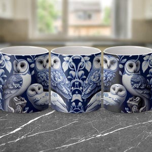 Barn Owl Mug, Indigo Floral Owl Mug, Owl Lover Gift, Bird Mug, Aesthetic Mug, Coffee Cup, Tea Cup, Gift for Her, Gift for Him