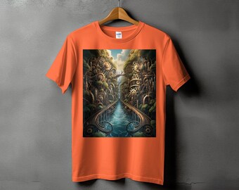 Steampunk Fantasy Forest Graphic Tee, Vintage Style Mechanical Trees T-Shirt, Unique Clockwork Nature Art