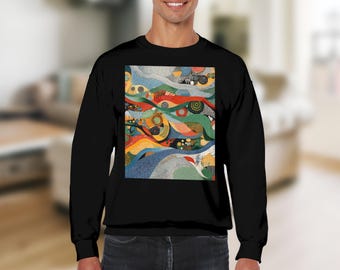 Abstract Art Sweatshirt, Vibrant Wavy Organic Pattern, Textured Crewneck Pullover