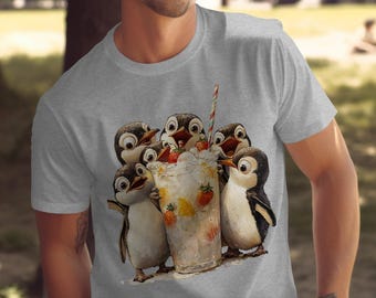 Cartoon Penguin Fruit Drink T-Shirt, Cute Animal Tee