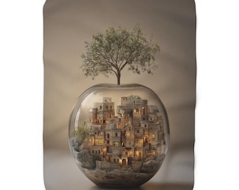Miniature Hilltop Village illustration Sherpa Fleece Blanket | cozy neutral home decor