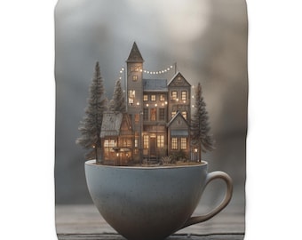 Cozy Miniature House in Teacup Sherpa Fleece Blanket | Cottage Scene Blanket