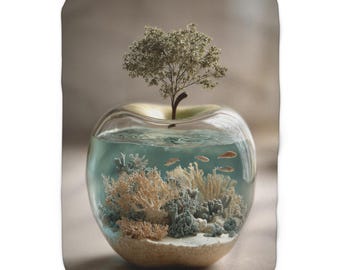 Apple Terrarium Illustration Sherpa Fleece Blanket | Mini Aquarium Tree Design
