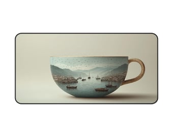 Tea Cup Harbor Illustration Desk Mat | Nautical Seascape Mousepad
