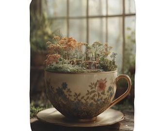 Teacup Fairy Garden Sherpa Blanket | Miniature Floral Tea Cup Scene