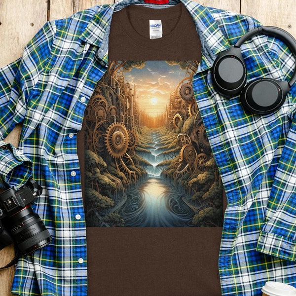 Mechanical Wonderland T-Shirt with Clockwork Landscapes, Steampunk T-Shirt, Steampunk