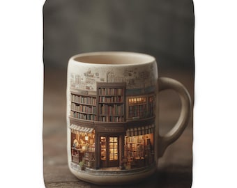 Cozy Bookshop Mug Illustration Sherpa Blanket | Library Scene, Warm Neutral