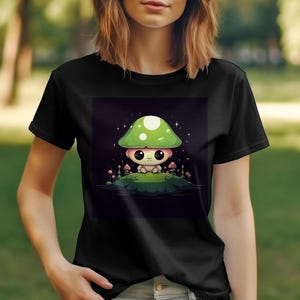 Camiseta con un adorable personaje de hongo, adorable camiseta de dibujos animados, divertida camiseta gráfica, camiseta informal de manga corta, idea de regalo única, diseño inspirado en la naturaleza.