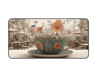 Vintage Teacup Floral Desk Mat | Cafe Scene Mousepad