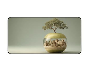 Miniature City in Apple Terrarium Desk Mat | Surreal Tree Globe Mousepad