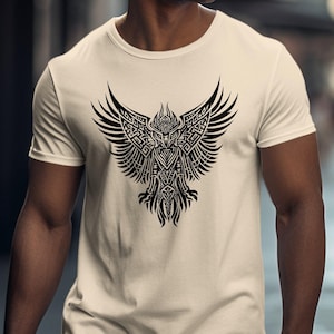 Tribal Phoenix T-Shirt, Mythisches Vogel T-Shirt, verziertes Adler-Top, künstlerisches Grafik-Shirt, symbolische Kleidung, einzigartige Design-Kleidung