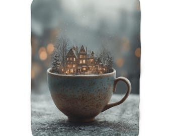 Cozy Winter Village in a Mug Sherpa Fleece Blanket | Snowy Miniature House Scene