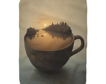 Tea Cup Island scene Sherpa blanket | surreal teacup landscape throw