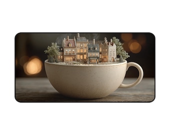 Miniature Village in Teacup Desk Mat | Cozy Cottage Landscape Mousepad