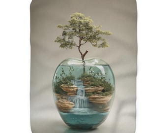 Miniature Waterfall Terrarium Sherpa Blanket | Tree Glass Bowl Nature Scene