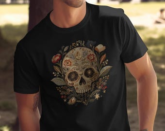 Floral Sugar Skull T-Shirt, Embroidered Style, Day of the Dead Tee