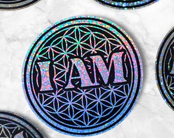 Glitter Flower of Life Sticker: "I AM" Sacred Geometry Holographic Decal Vinyl Sticker