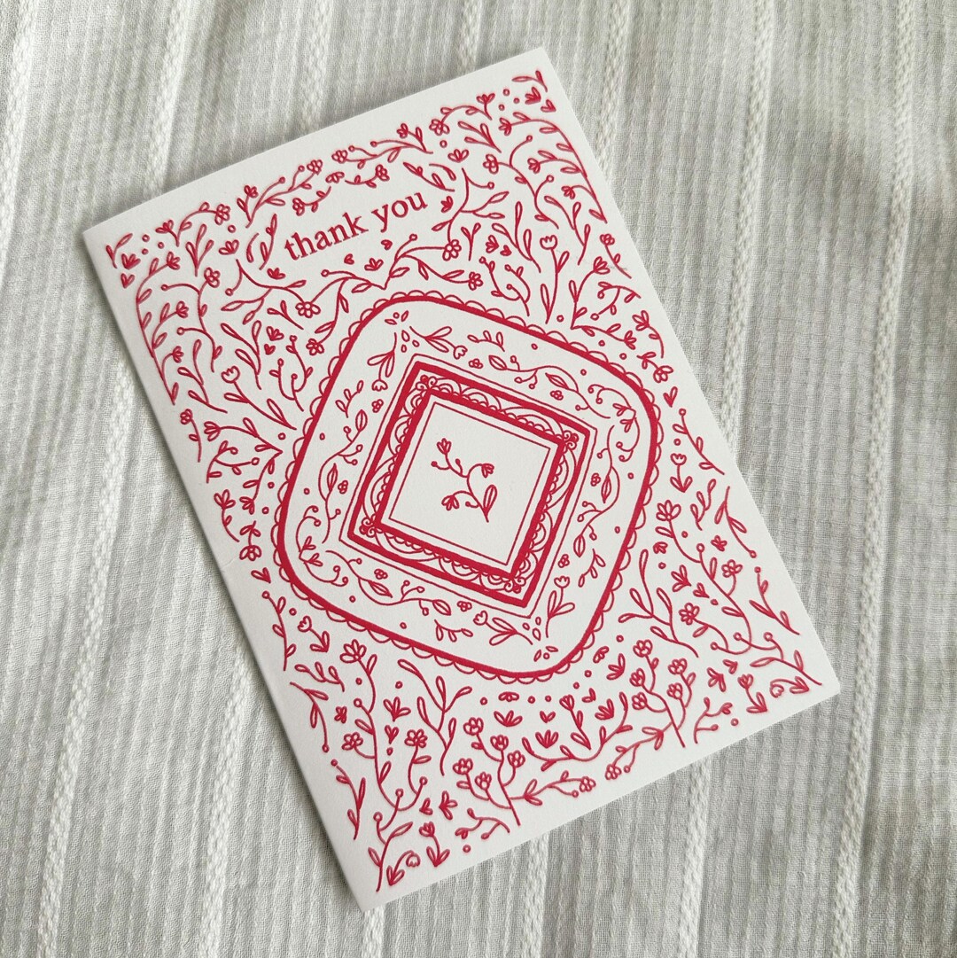 Red Floral Pattern Illustrated Thank You Card (blank Interior) - Etsy