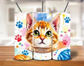 Cat Tumbler Wrap | Playful Watercolor Kitten 20oz Sublimation PNG