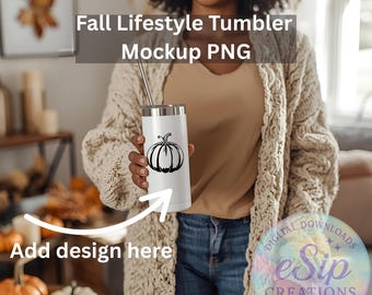 Fall Tumbler Mockup PNG | Cozy Lifestyle Image with Melanin Woman Holding White Stanley-Style Cup